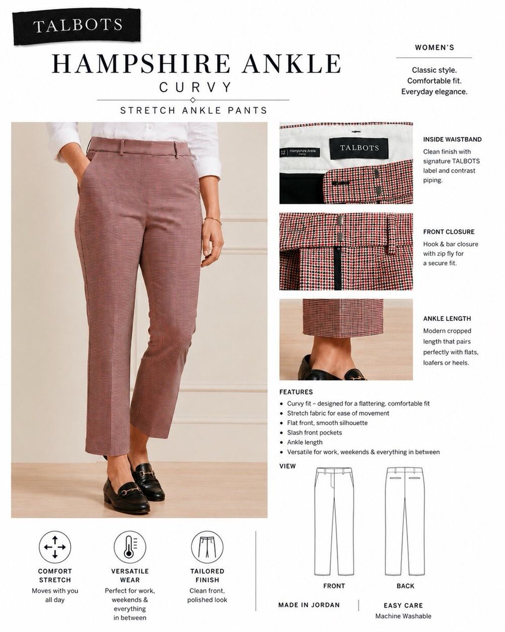 Talbots Hampshire Ankle Curvy Women’s 12 Red Houndstooth Ankle Pants Stretch